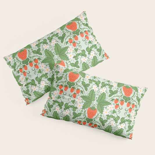 Whimsical Strawberry Vine and Floral Garden Pattern Pillow Sham Gallery Image 2