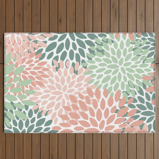 Festive, Abstract Floral Prints, Coral and Green Outdoor Rug Gallery Image 2