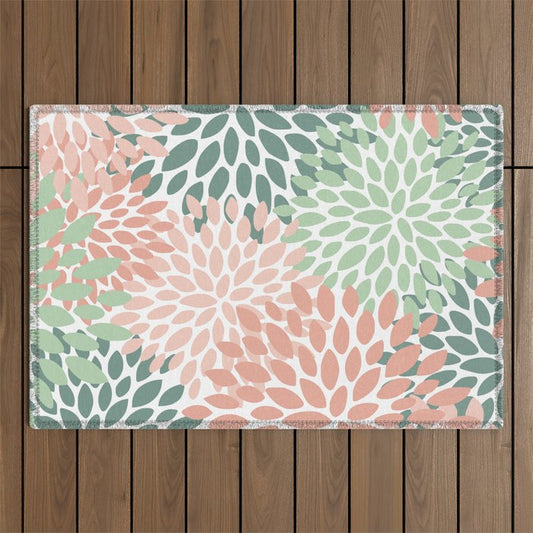 Festive, Abstract Floral Prints, Coral and Green Outdoor Rug Gallery Image 1