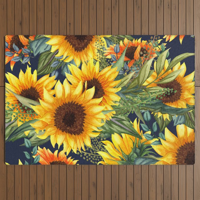 Festive, Sunflower, Yellow and Green on Navy Blue, Floral Prints Outdoor Rug Gallery Image 3