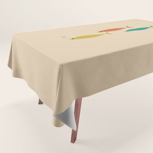 Mid-Century Modern Minimalist Fish Trio in Mid Mod Turquoise Teal, Mustard, Orange, and Beige Tablecloth Gallery Image 1
