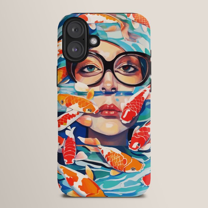 Point of View, Individuality Koi Fish Yoga Meditation, Woman Glasses Vision Concept, Fishpond Eclectic Vintage Painting iPhone Case Gallery Image 14