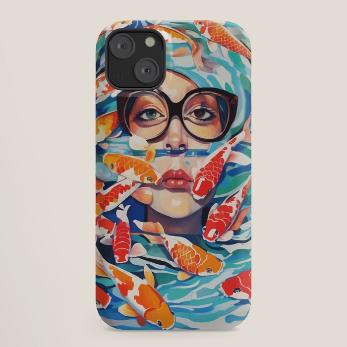 Point of View, Individuality Koi Fish Yoga Meditation, Woman Glasses Vision Concept, Fishpond Eclectic Vintage Painting iPhone Case Gallery Image 18