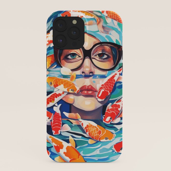 Point of View, Individuality Koi Fish Yoga Meditation, Woman Glasses Vision Concept, Fishpond Eclectic Vintage Painting iPhone Case Gallery Image 40