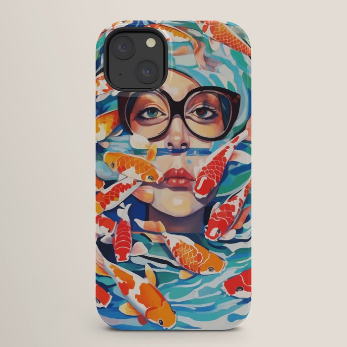 Point of View, Individuality Koi Fish Yoga Meditation, Woman Glasses Vision Concept, Fishpond Eclectic Vintage Painting iPhone Case Gallery Image 26