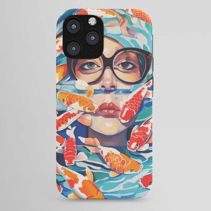 Point of View, Individuality Koi Fish Yoga Meditation, Woman Glasses Vision Concept, Fishpond Eclectic Vintage Painting iPhone Case Gallery Image 44