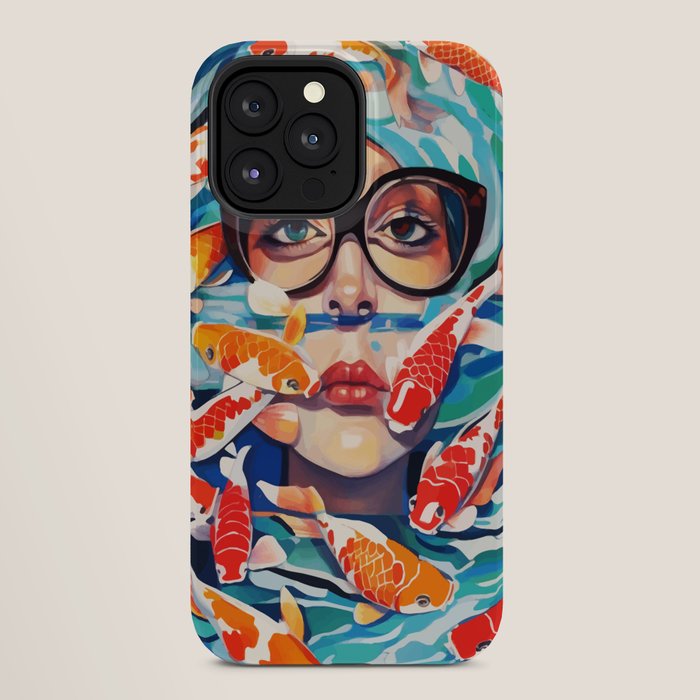 Point of View, Individuality Koi Fish Yoga Meditation, Woman Glasses Vision Concept, Fishpond Eclectic Vintage Painting iPhone Case Gallery Image 28