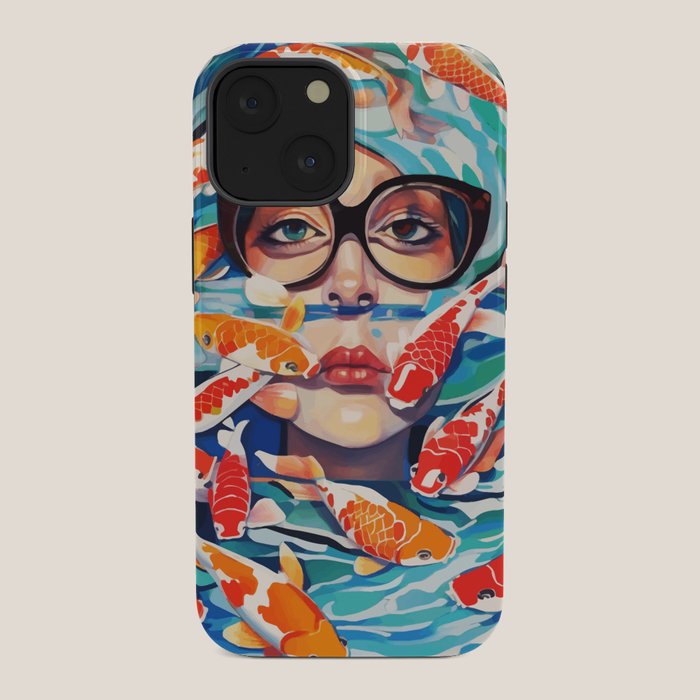 Point of View, Individuality Koi Fish Yoga Meditation, Woman Glasses Vision Concept, Fishpond Eclectic Vintage Painting iPhone Case Gallery Image 34