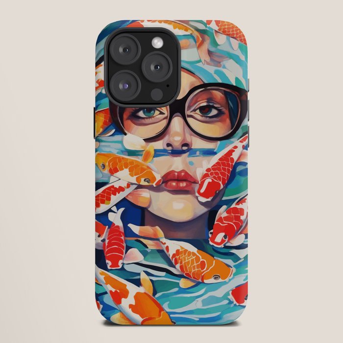 Point of View, Individuality Koi Fish Yoga Meditation, Woman Glasses Vision Concept, Fishpond Eclectic Vintage Painting iPhone Case Gallery Image 12