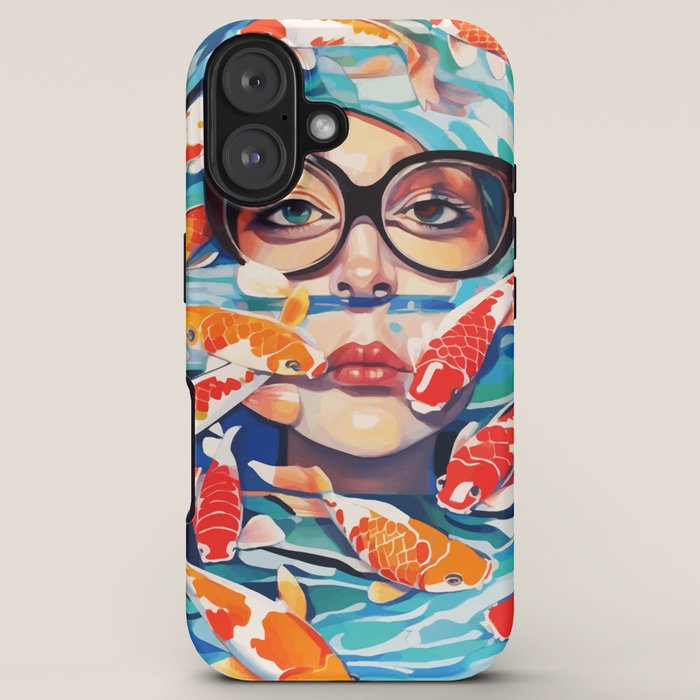 Point of View, Individuality Koi Fish Yoga Meditation, Woman Glasses Vision Concept, Fishpond Eclectic Vintage Painting iPhone Case Gallery Image 5