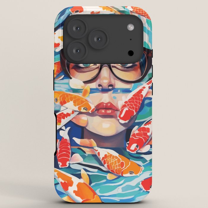 Point of View, Individuality Koi Fish Yoga Meditation, Woman Glasses Vision Concept, Fishpond Eclectic Vintage Painting iPhone Case Gallery Image 7