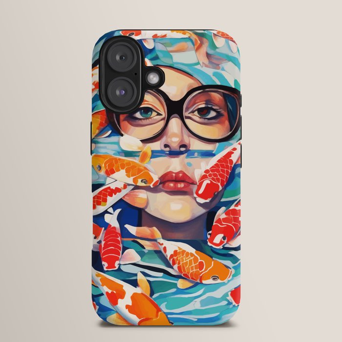 Point of View, Individuality Koi Fish Yoga Meditation, Woman Glasses Vision Concept, Fishpond Eclectic Vintage Painting iPhone Case Gallery Image 13