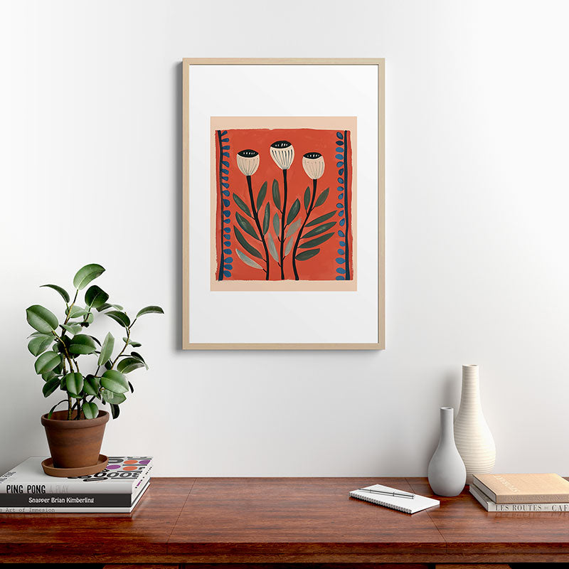 Terracotta Poppy Pod Folk Art Framed Art Print Gallery Image 20