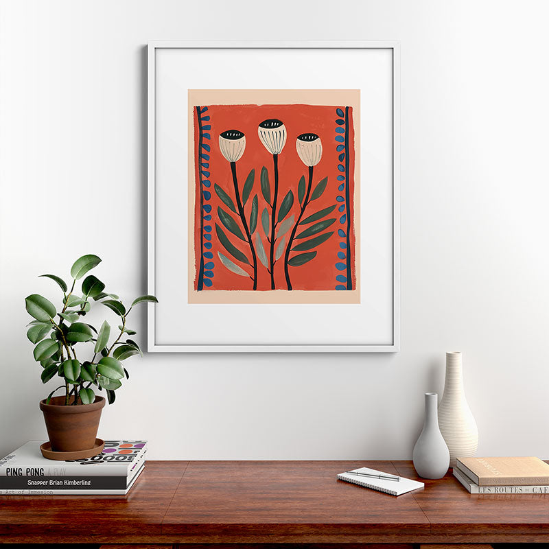 Terracotta Poppy Pod Folk Art Framed Art Print Gallery Image 28