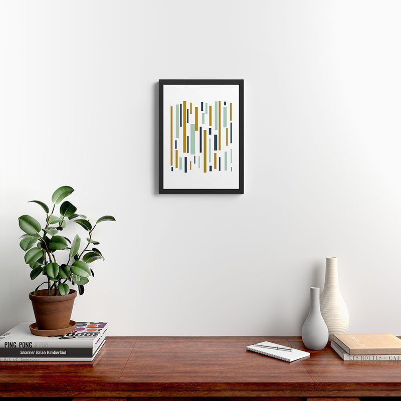 Interrupted Lines Mid-Century Modern Minimalist Pattern in Navy Blue, Teal Mint, Gold Mustard, White Framed Art Print Gallery Image 4