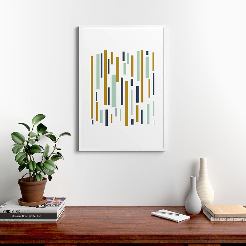 Interrupted Lines Mid-Century Modern Minimalist Pattern in Navy Blue, Teal Mint, Gold Mustard, White Framed Art Print Gallery Image 37
