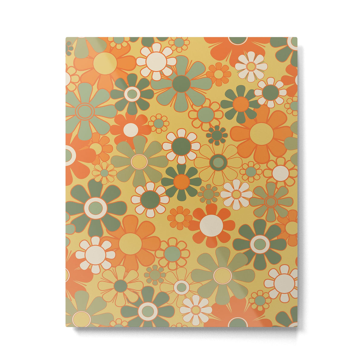 Retro 70s Floral Pattern in Mossy Sage Olive Green Orange Mustard Metal Print Gallery Image 1
