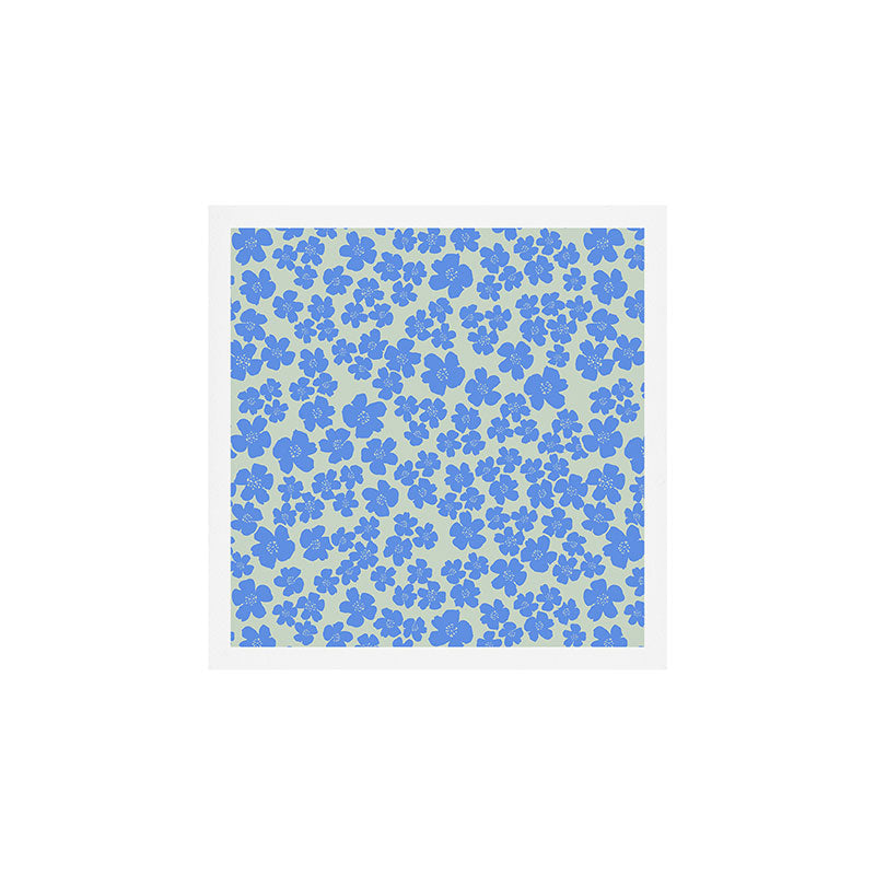 Blue flower blossom scatter on soft green Art Print Gallery Image 2