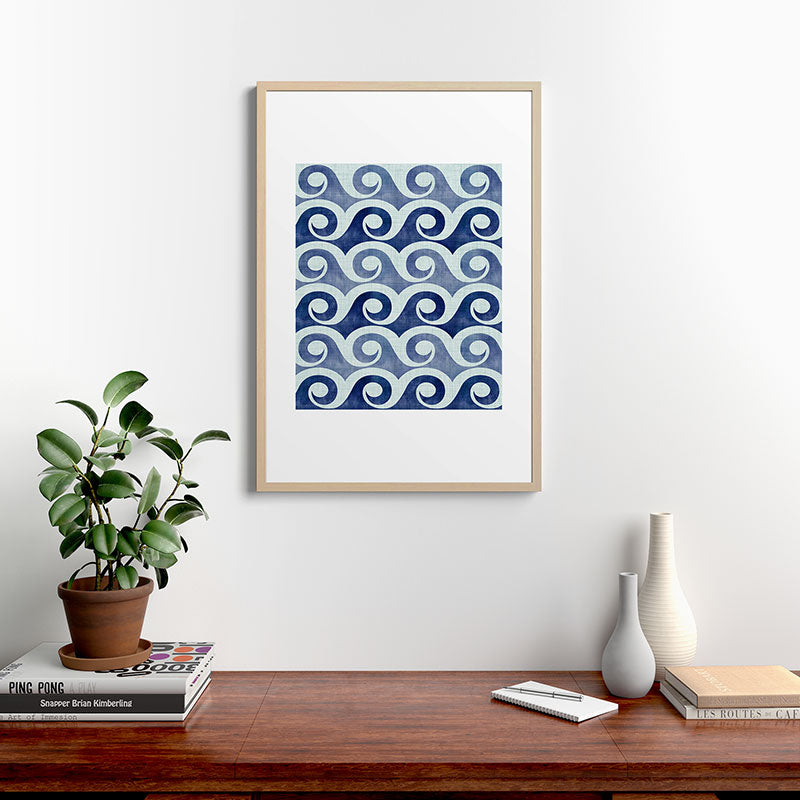 Indigo Geometric Beach Waves Framed Art Print Gallery Image 28