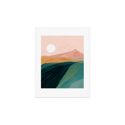 pink, green, gold moon watercolor mountains Art Print Gallery Image 4