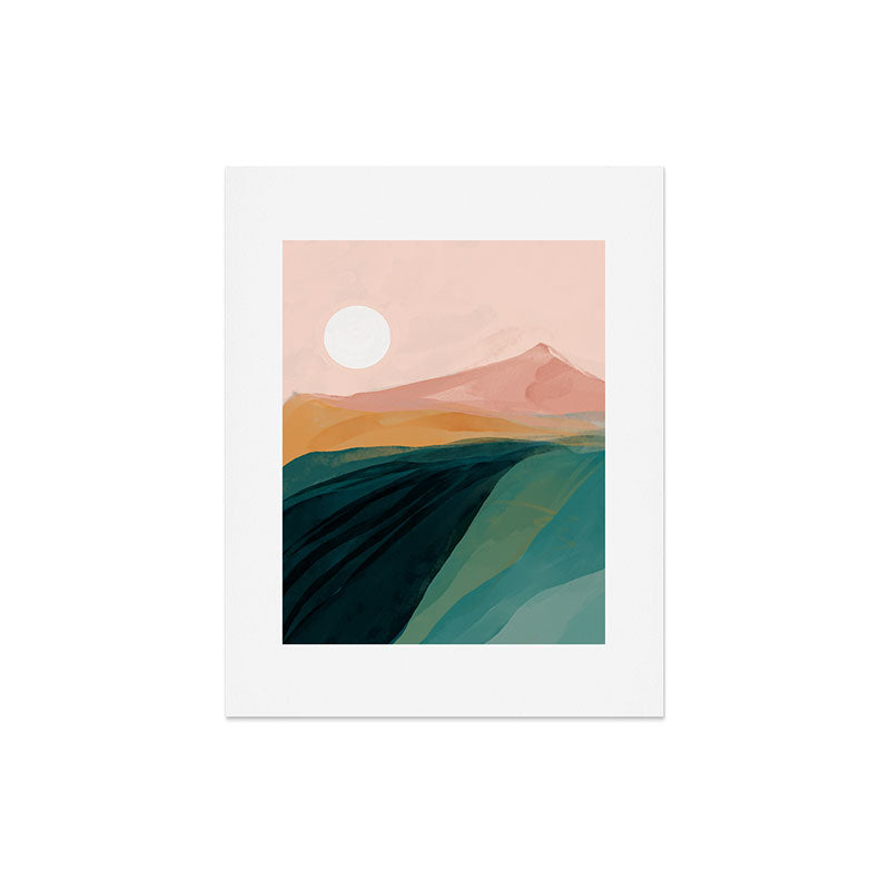 pink, green, gold moon watercolor mountains Art Print Gallery Image 6