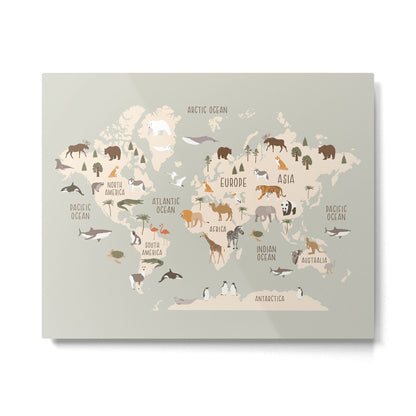Kids world map with animals in green Metal Print Gallery Image 2