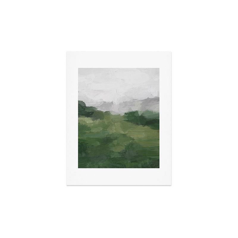 Green Mountain - Valley Hills Gray Sky Grass Plants Abstract Nature Painting Art Print Wall Decor Art Print Gallery Image 3