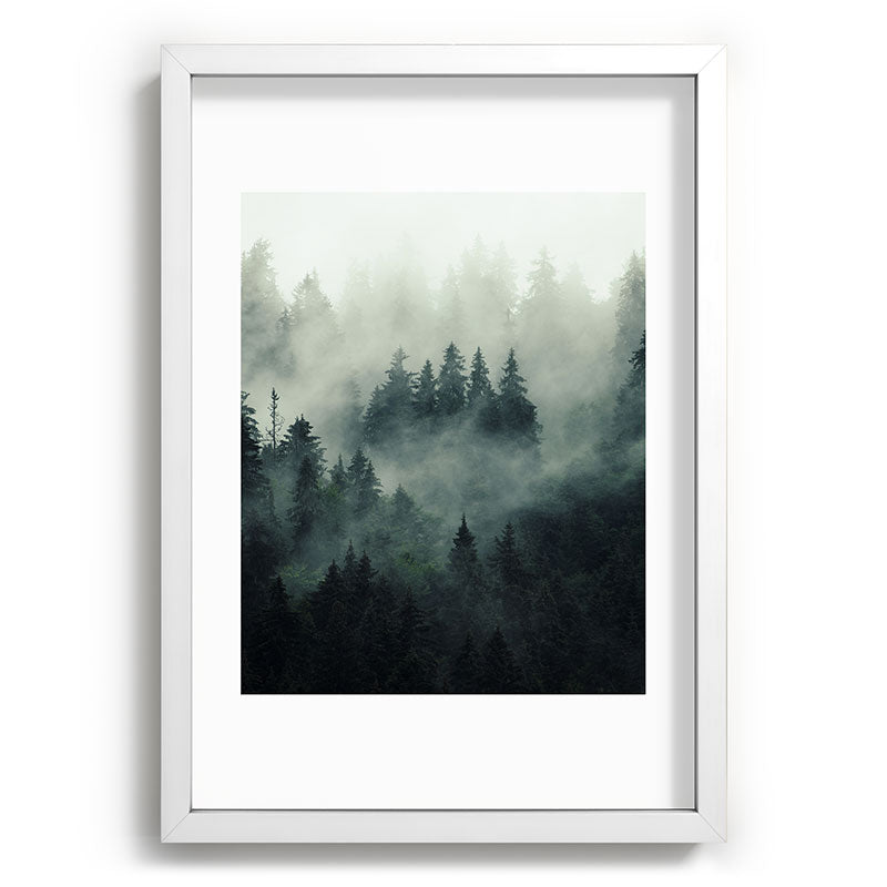 Green misty mountain pine forest in cloudy and rainy - vintage style photo Framed Art Print Gallery Image 105