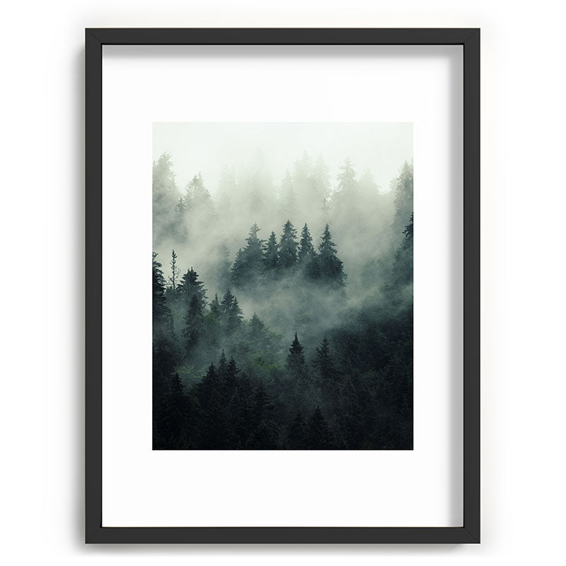 Green misty mountain pine forest in cloudy and rainy - vintage style photo Framed Art Print Gallery Image 83