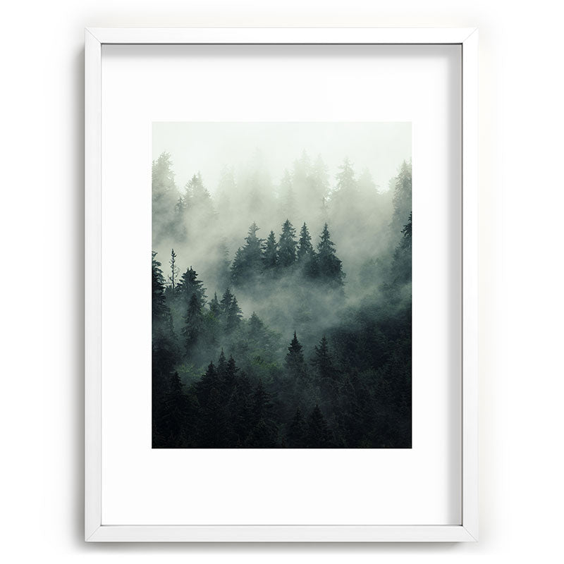 Green misty mountain pine forest in cloudy and rainy - vintage style photo Framed Art Print Gallery Image 107