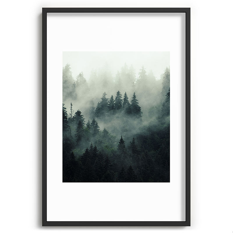 Green misty mountain pine forest in cloudy and rainy - vintage style photo Framed Art Print Gallery Image 85