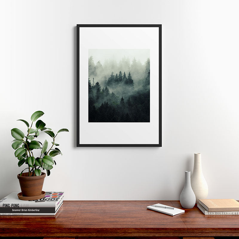 Green misty mountain pine forest in cloudy and rainy - vintage style photo Framed Art Print Gallery Image 8