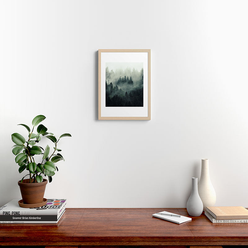 Green misty mountain pine forest in cloudy and rainy - vintage style photo Framed Art Print Gallery Image 23