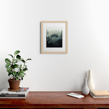 Green misty mountain pine forest in cloudy and rainy - vintage style photo Framed Art Print Gallery Image 63