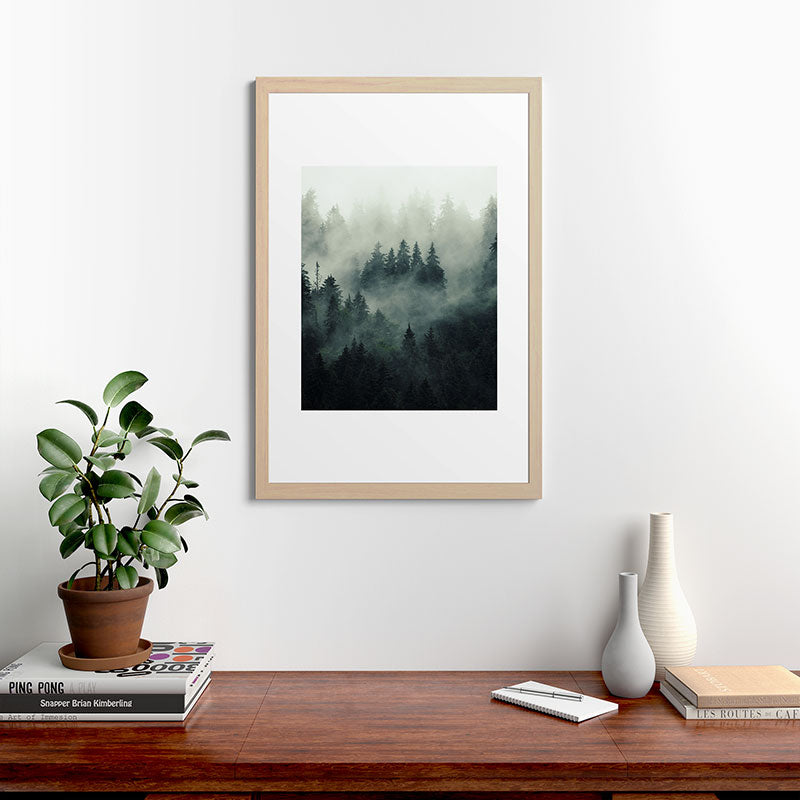 Green misty mountain pine forest in cloudy and rainy - vintage style photo Framed Art Print Gallery Image 65