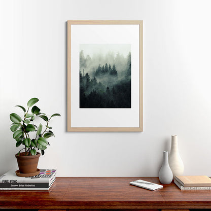 Green misty mountain pine forest in cloudy and rainy - vintage style photo Framed Art Print Gallery Image 65
