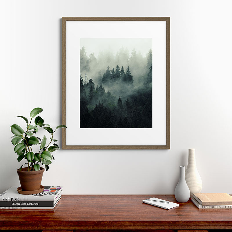 Green misty mountain pine forest in cloudy and rainy - vintage style photo Framed Art Print Gallery Image 58
