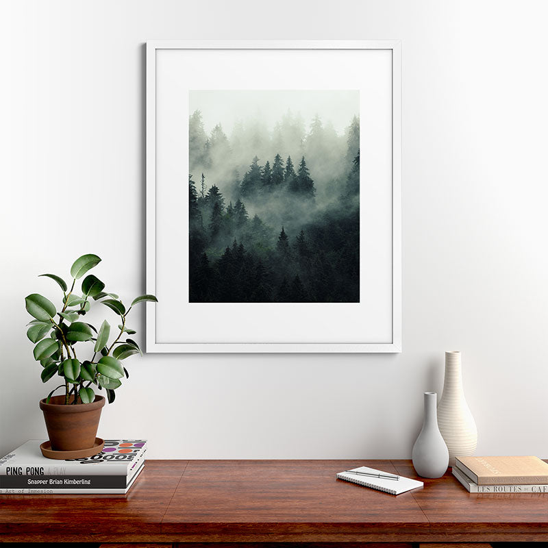 Green misty mountain pine forest in cloudy and rainy - vintage style photo Framed Art Print Gallery Image 76