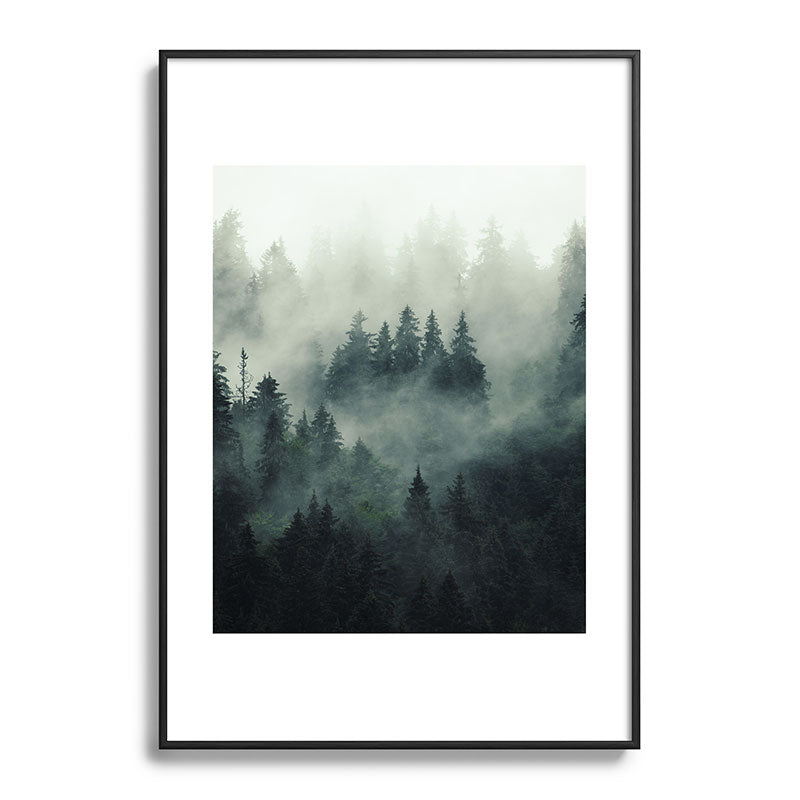 Green misty mountain pine forest in cloudy and rainy - vintage style photo Framed Art Print Gallery Image 113