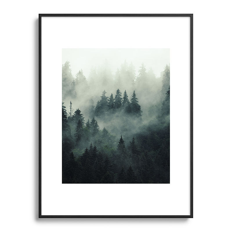 Green misty mountain pine forest in cloudy and rainy - vintage style photo Framed Art Print Gallery Image 116