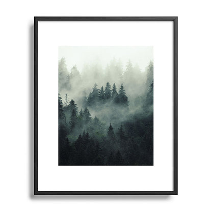 Green misty mountain pine forest in cloudy and rainy - vintage style photo Framed Art Print Gallery Image 111