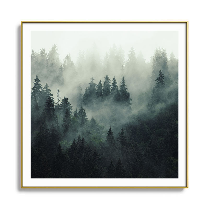 Green misty mountain pine forest in cloudy and rainy - vintage style photo Framed Art Print Gallery Image 136