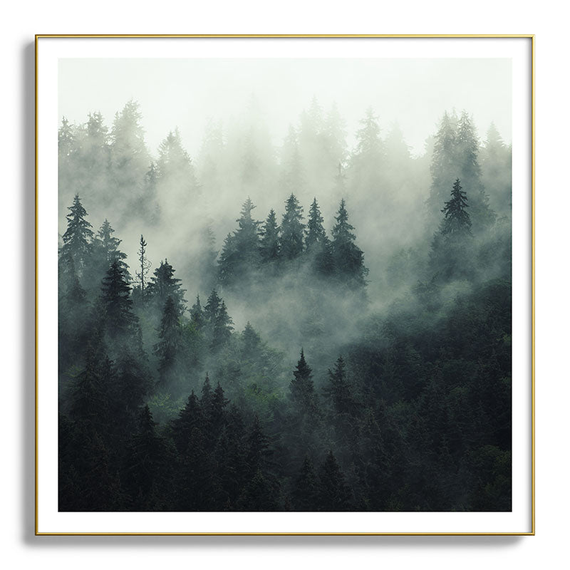 Green misty mountain pine forest in cloudy and rainy - vintage style photo Framed Art Print Gallery Image 139