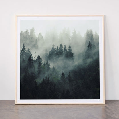 Green misty mountain pine forest in cloudy and rainy - vintage style photo Framed Art Print Gallery Image 33
