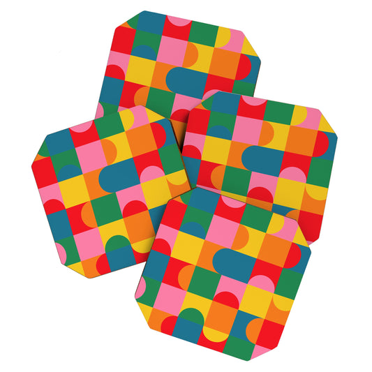 Colorful Mid Century Bauhaus Geometric Abstraction squares and half circles pattern bold colors Coaster Gallery Image 1