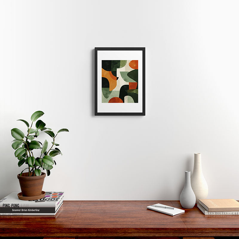 Earthy Mid-Century Abstract Composition in Olive, Rust, and Charcoal Tones Framed Art Print Gallery Image 3