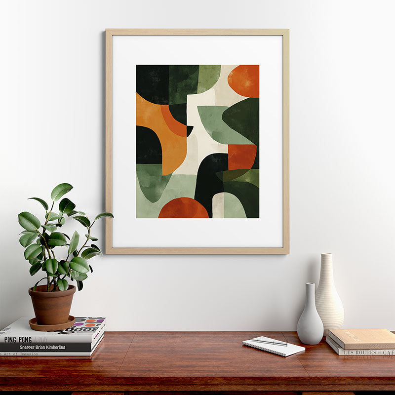 Earthy Mid-Century Abstract Composition in Olive, Rust, and Charcoal Tones Framed Art Print Gallery Image 49