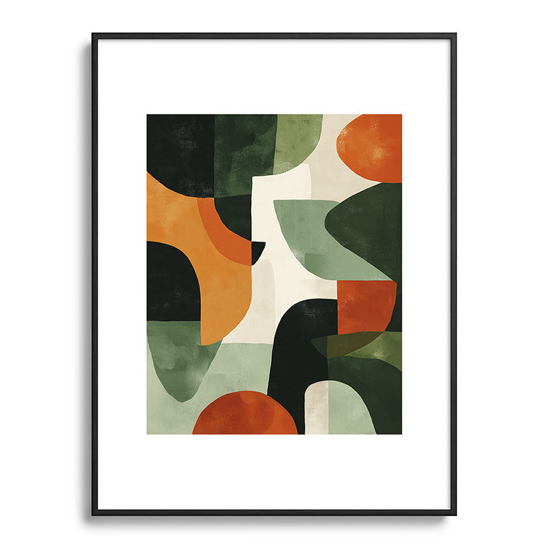 Earthy Mid-Century Abstract Composition in Olive, Rust, and Charcoal Tones Framed Art Print Gallery Image 84