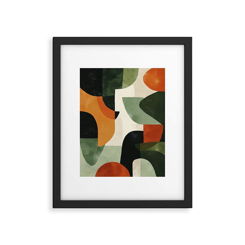 Earthy Mid-Century Abstract Composition in Olive, Rust, and Charcoal Tones Framed Art Print Gallery Image 4