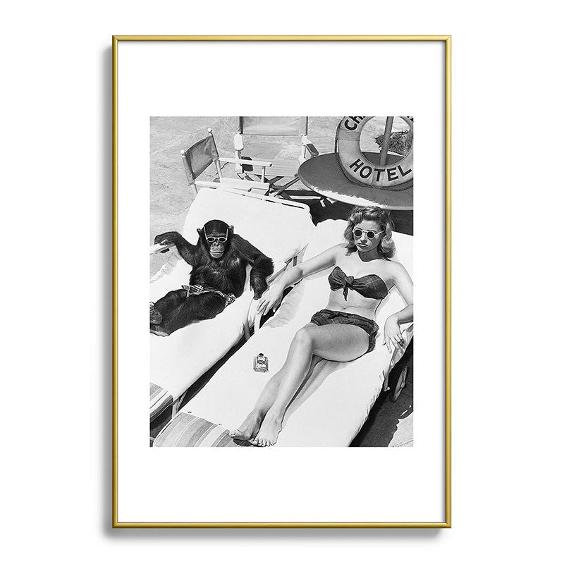 Lady and Chimp Sunbathing, Black and White, Vintage Art Framed Art Print Gallery Image 90